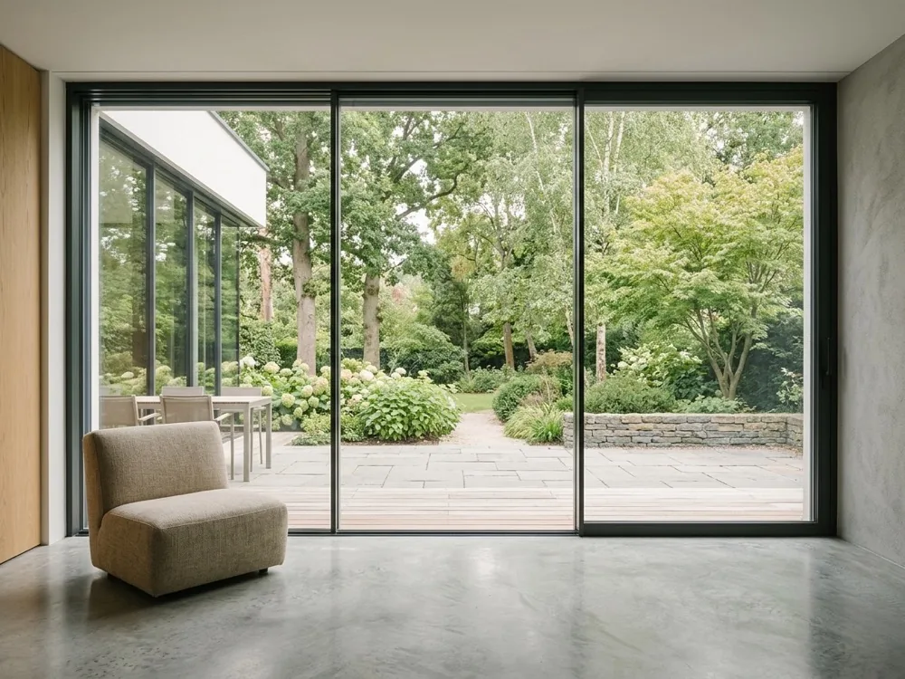 Bodentiefe Aluminiumfenster mit sehr schmalen Rahmen, Blick aus dem Wohnraum auf die Terrasse