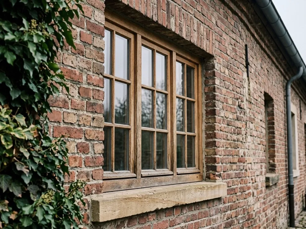 Holzfenster mit Sprossen in einer alten Backsteinfassade mit Natursteinbank