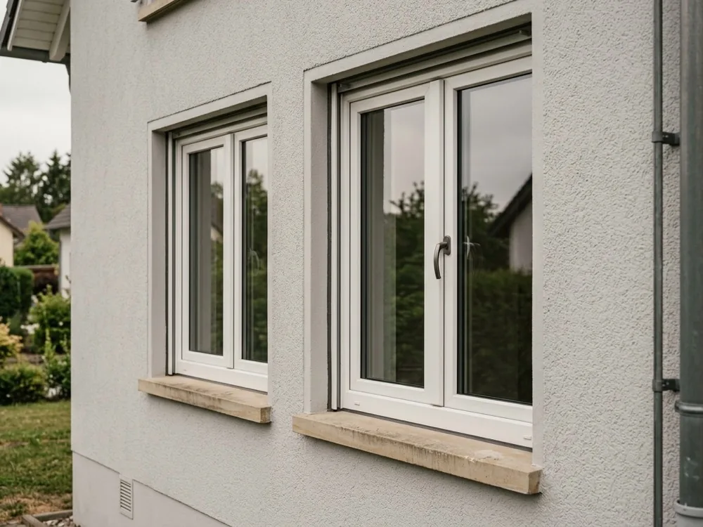 Zwei weiße Kunststofffenster in der hellen Putzfassade eines Einfamilienhauses