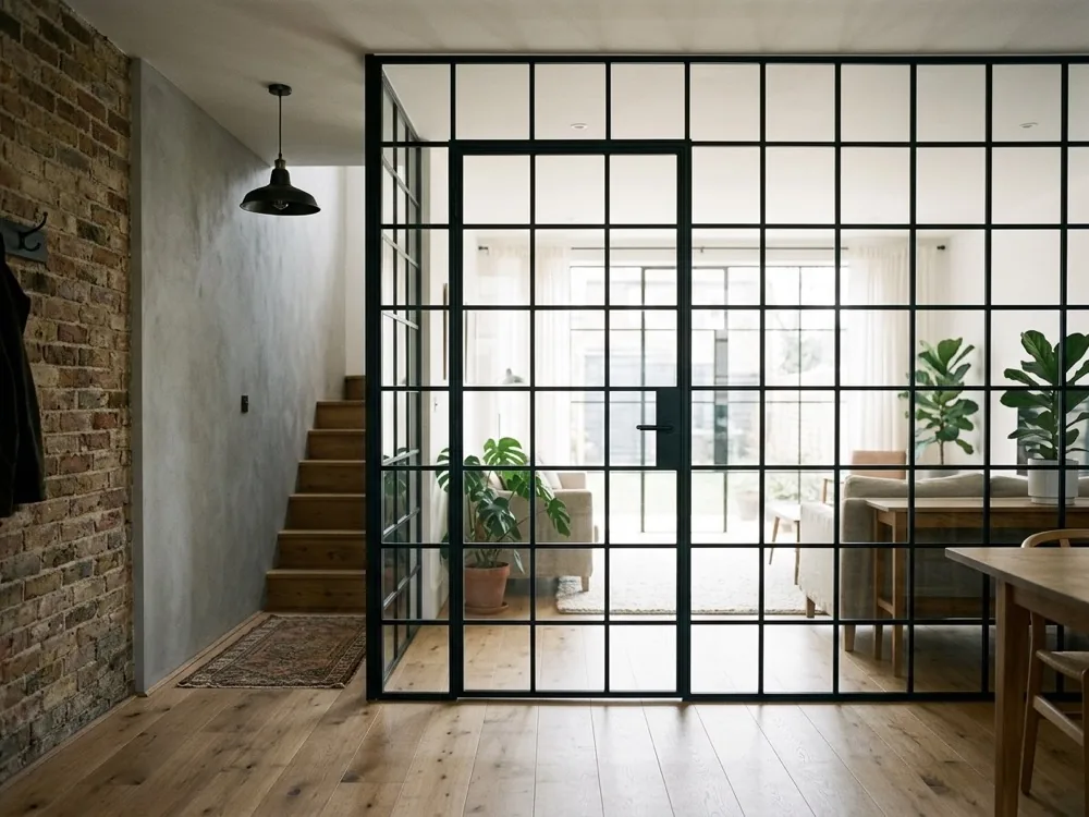 Schwarze Stahl-Glas-Trennwand mit feiner Sprossenteilung zwischen Flur und Wohnraum