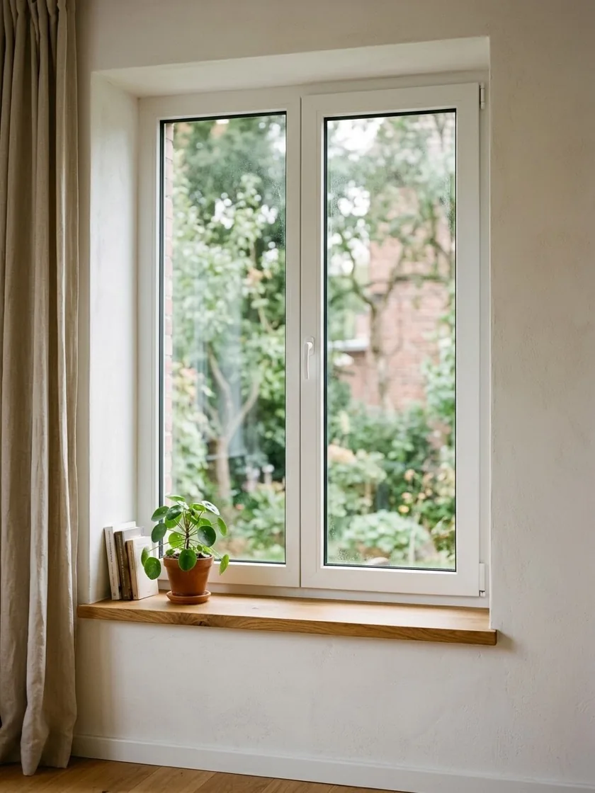 Neues weißes Fenster mit Eichen-Fensterbank, Blick in den Garten