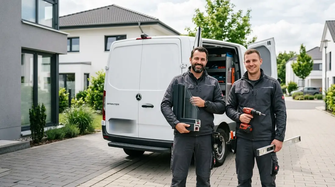 Zwei Monteure mit Werkzeug vor dem Firmenfahrzeug