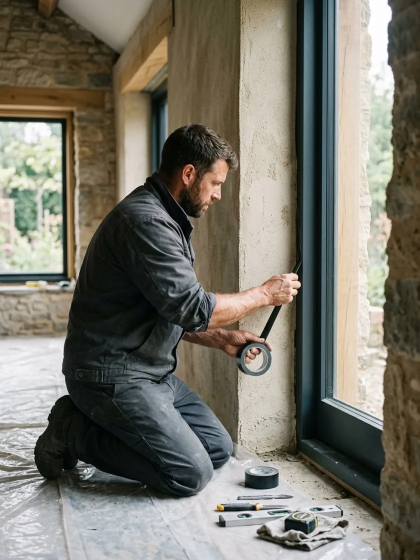 Monteur klebt das Dichtband am Anschluss eines neuen Fensters ab