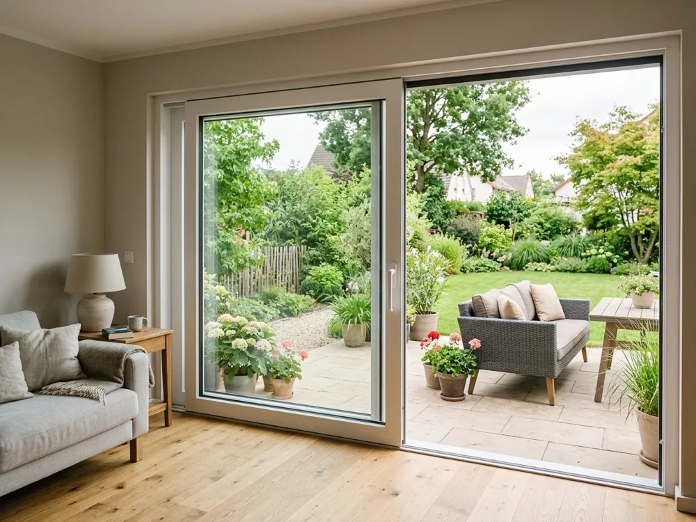 Weiße Kunststoff-Schiebetür zur Terrasse, ein Flügel geöffnet, Blick in den Garten