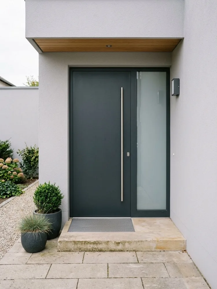 Anthrazitfarbene Aluminium-Haustür mit Seitenteil aus Glas unter einem überdachten Eingang