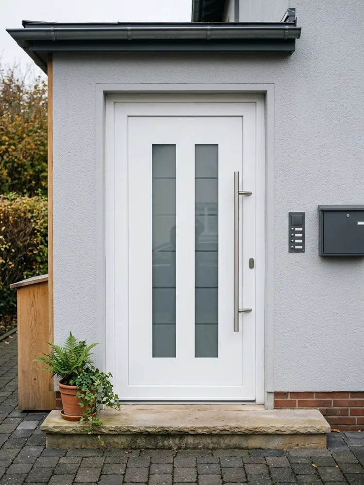 Weiße Kunststoff-Haustür mit zwei schmalen Glasstreifen und Edelstahl-Stangengriff