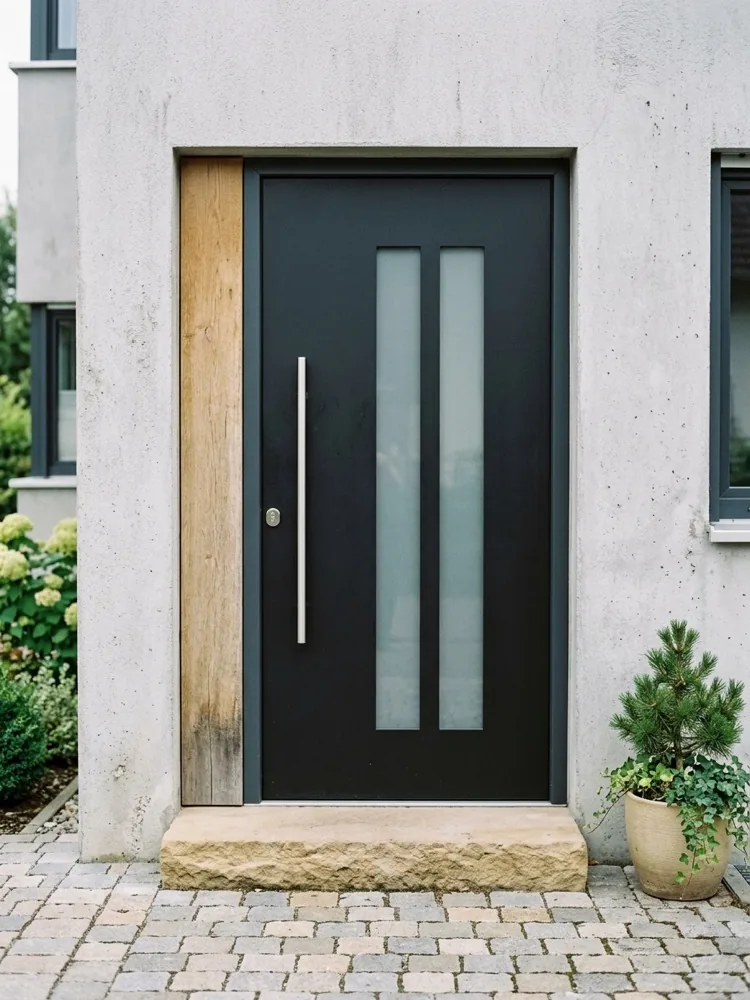 Mattschwarze Haustür mit sehr schmalem Rahmen und zwei hohen Glasstreifen