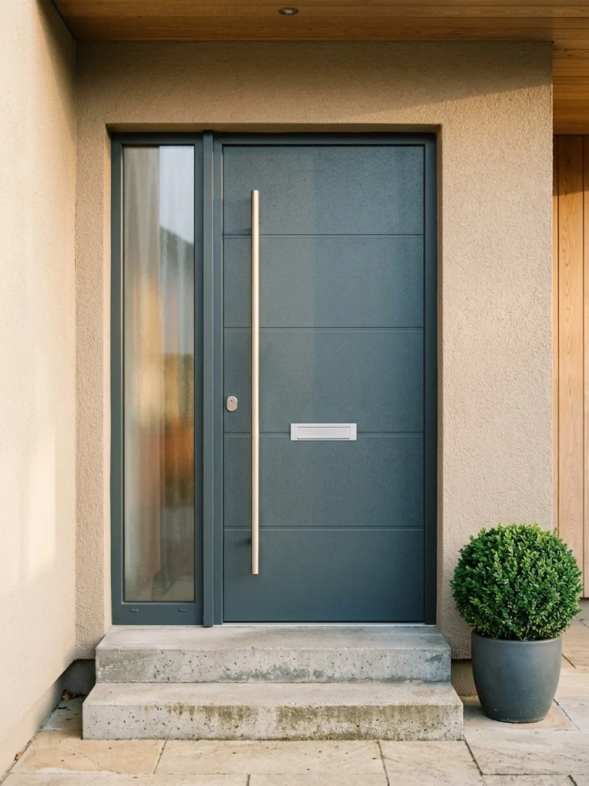 Anthrazitfarbene Haustür mit Seitenteil aus Glas und langem Stangengriff